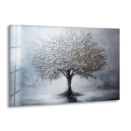 Foreground details highlight the silver serenity of the textured tree in this modern tempered glass wall art, showcasing the grayscale elegance.