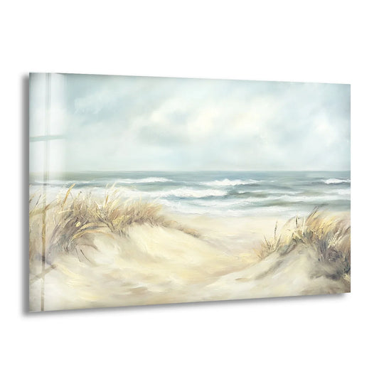 Visual rhythm is established across the tempered glass wall art, with undulating waves and layered sand dunes creating a serene coastal breeze beachscape.