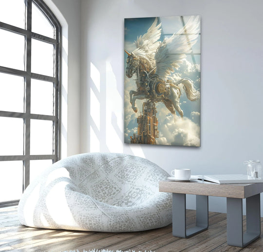 A majestic steampunk pegasus in ethereal white and warm golden tones adorns this unique modern wall decor.