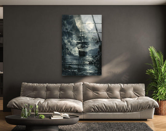 A stormy sea and a lone ship create a dramatic and adventurous mood in this striking glass wall artwork.