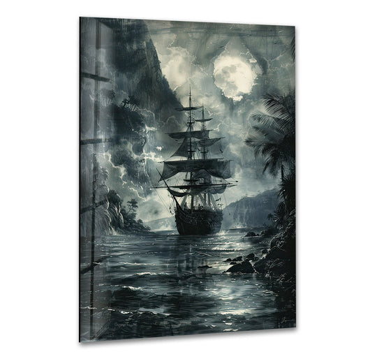 A dramatic glass wall art depicts a pirate ship sailing through rough seas under a luminous moon, highlighting the textured surface of the art from glass.