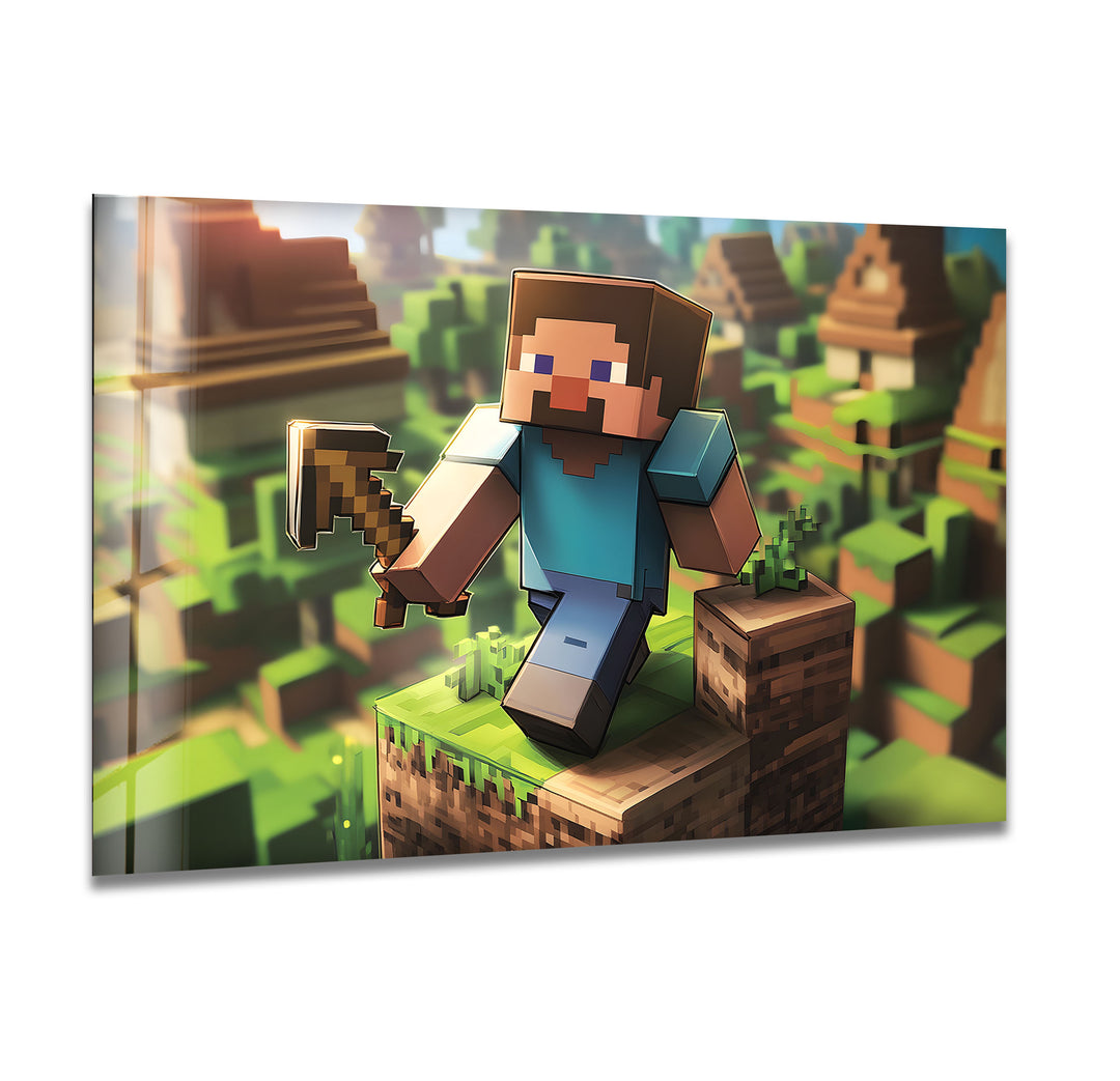 Minecraft Adventure Glass Wall Art – A Stunning Gaming Scene for Fans
