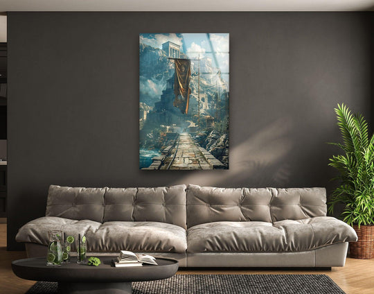 Detailed stone pathway leads to ancient ruins adorned with a majestic banner, a stunning piece of unique modern wall decor.