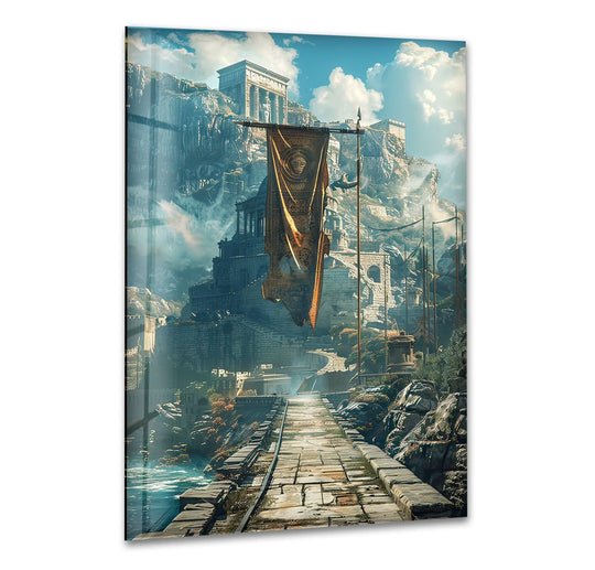 Ancient stone ruins and a grand banner rest in serene stillness, enhancing this captivating home decoration.