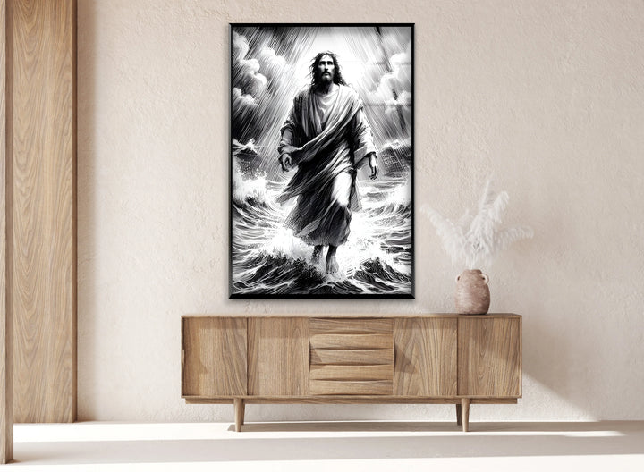 Radiant black and white artwork of Jesus moving across turbulent waves with heavenly beams.