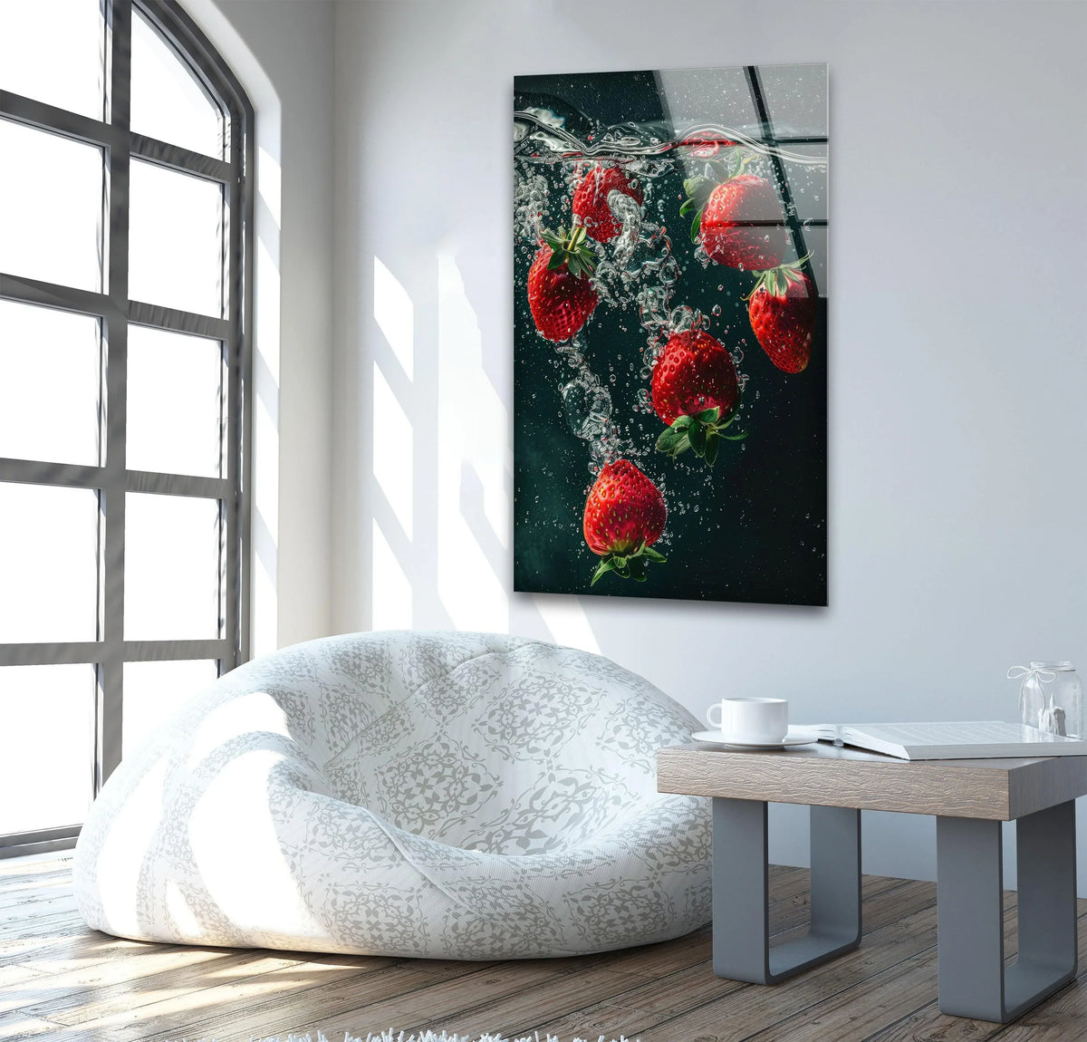 Durable tempered glass in the Strawberries Glass Wall Art reflects light, enhancing the material quality and the vibrant, fresh aesthetic of this hanging wall art.