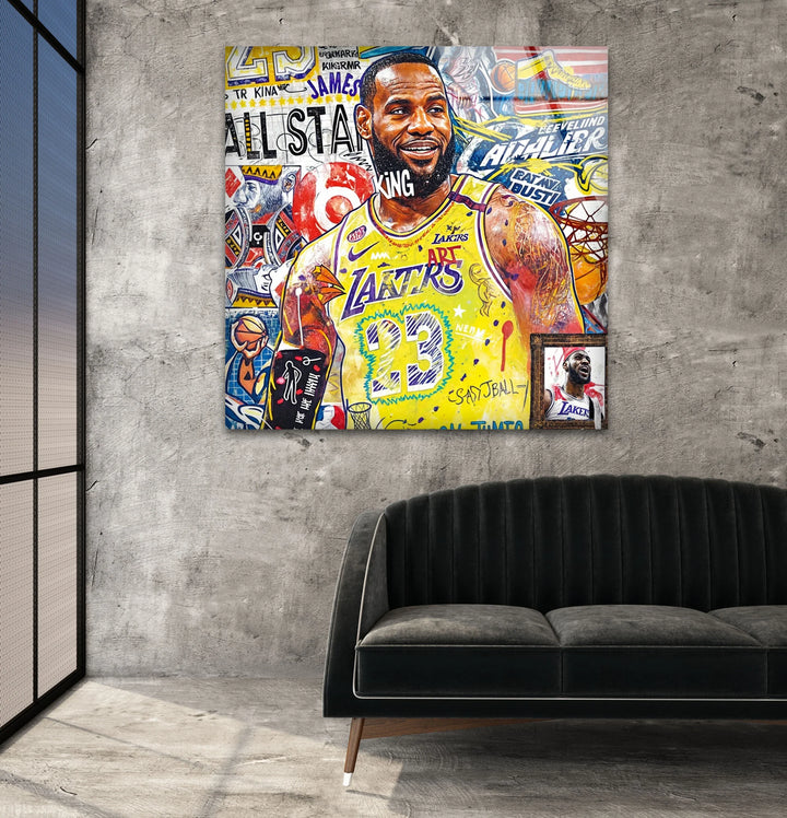 Artistic glass print blending graffiti textures and a legendary number 23 athlete portrait.