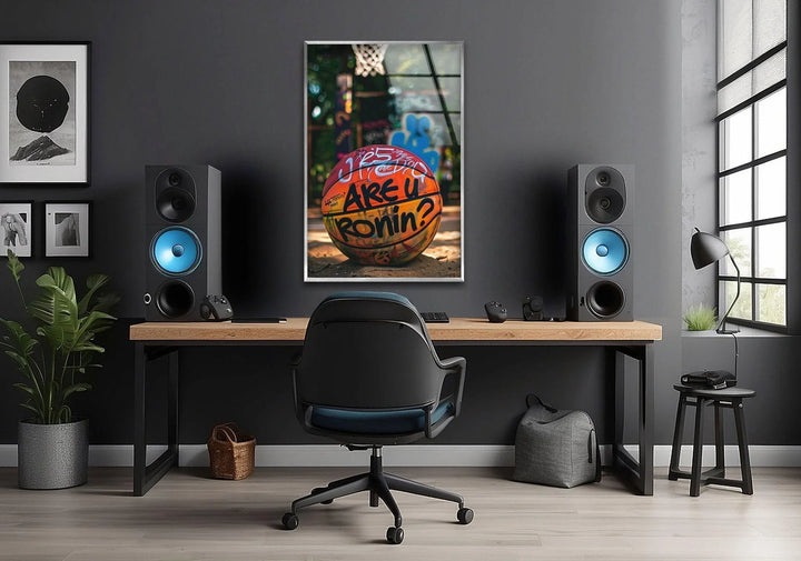 Glass wall art capturing a street court vibe with a spray-painted basketball in focus.