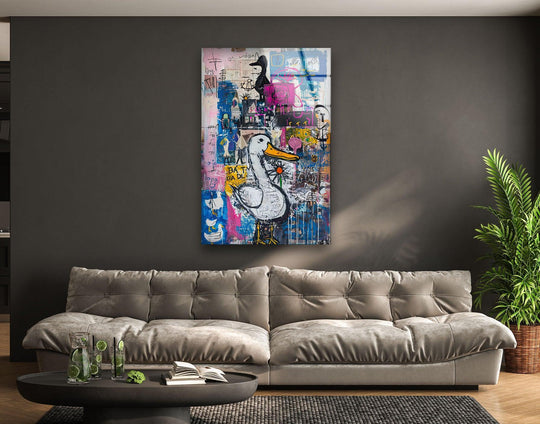Bold graffiti art with high color contrast, featuring a duck and urban designs, as decorative wall art.