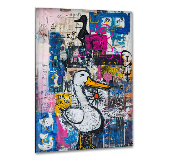 An energetic, chaotic, and vibrant glass printing artwork captures a playful and rebellious urban street art mood.