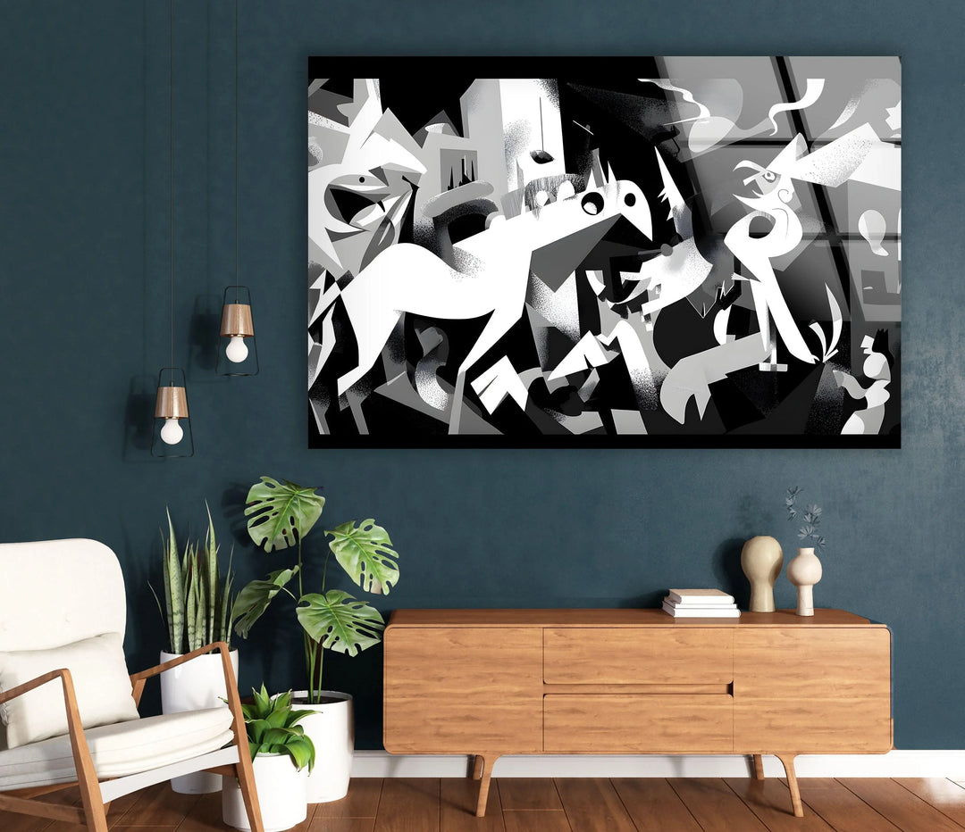 Black and white artistic glass panel portraying stylized horses in a chaotic abstract landscape.