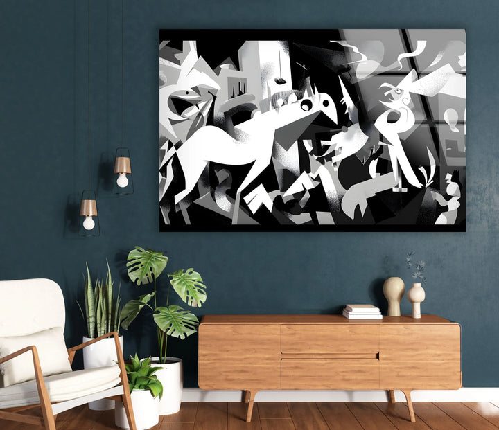 Black and white artistic glass panel portraying stylized horses in a chaotic abstract landscape.