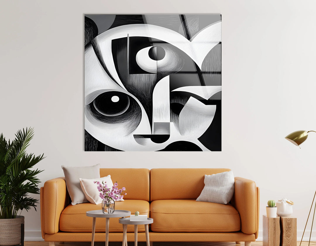 Black and white portrait abstracted into geometric patterns printed on glass.