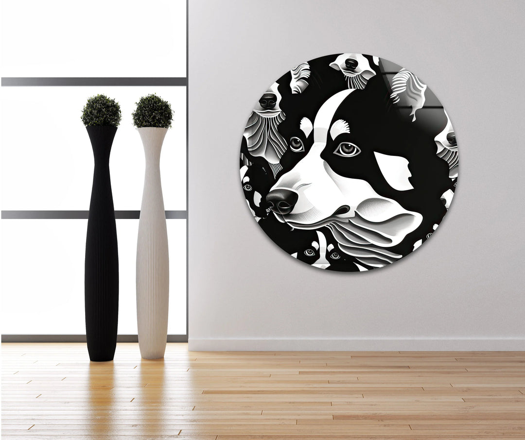 Layered husky portraits in black and white creating a striking modern glass wall art statement.