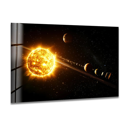 Space Wall Art featuring a vibrant sun and planetary system design is glossy sun glass wall art and modern home decor for space decor lovers