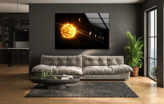 Space Wall Art showing a Bright Sun Glass Wall Art depicting planets and a solar system