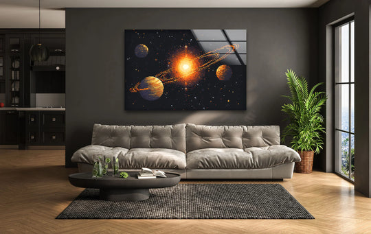 Space Wall Art showing galaxy planets and a sun made of glass pixels a Pixel Galaxy design and celestial wall paintings