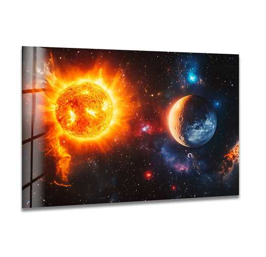 Space wall art featuring sun and moon artwork and cosmic design printed on glossy glass wall art for astronomy lovers