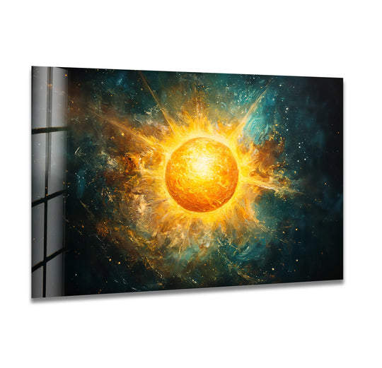 Space Wall Art for Sale - Modern Space Wall DecorSun abstract glass wall art bright gold and teal colors with sun artwork and space themed interior decor