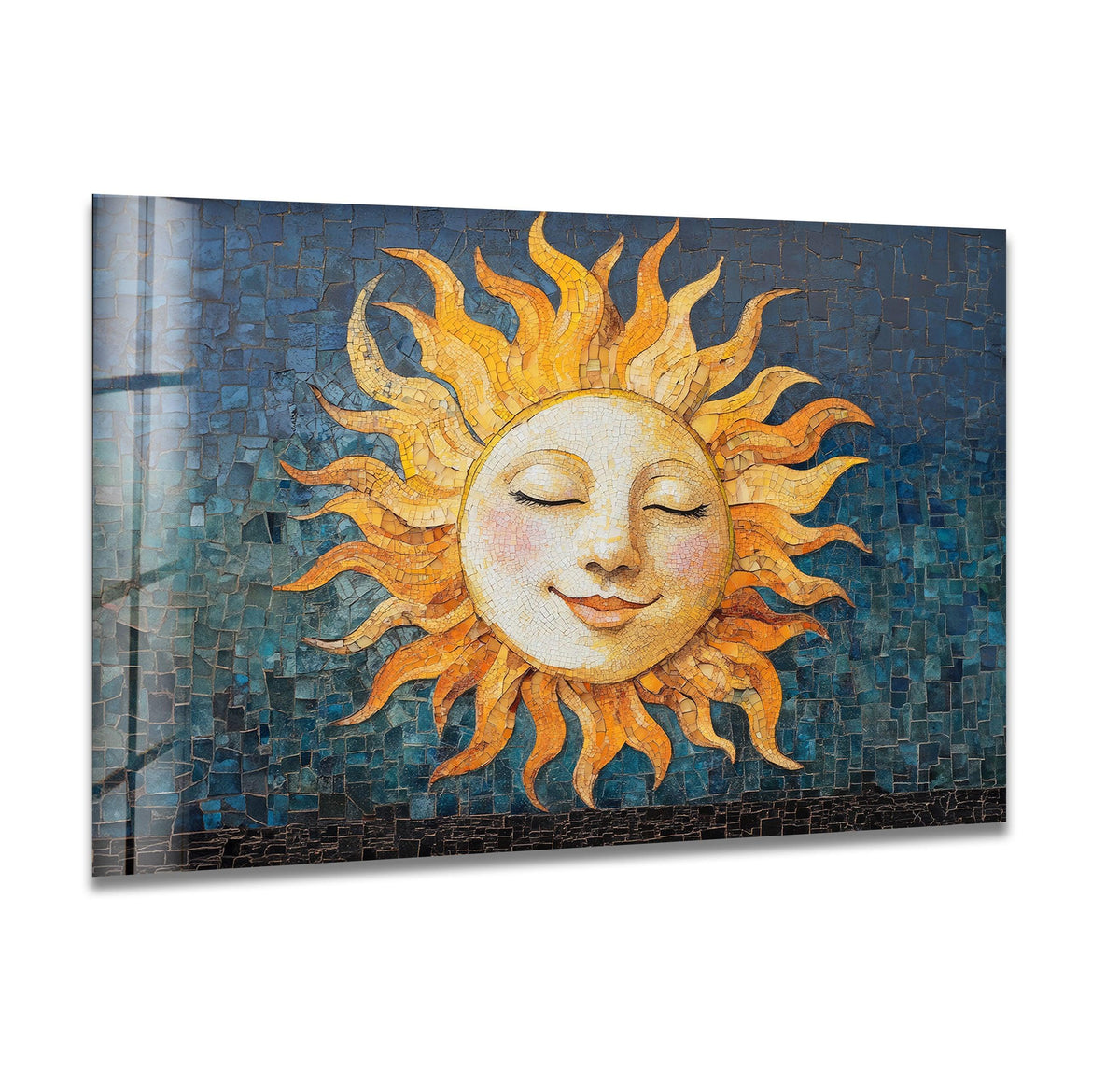 Dominant blue hues form a mosaic background for the smiling sun in this vibrant glass wall art achieved through detailed glass printing.