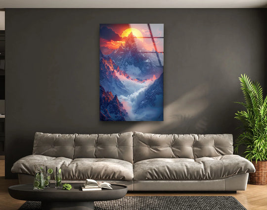 Softest clouds drift amongst the majestic mountain peaks in this sunrise in mountains glass wall art decor.