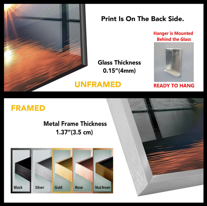 Golden Sunset Over Tranquil Lake Glass Wall Art – A Breathtaking Nature Escape