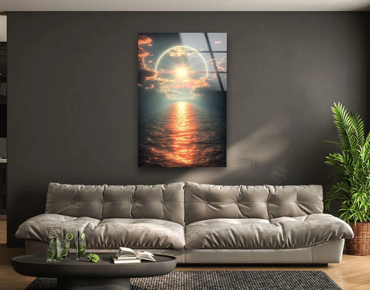 Landscape glass wall art cosmic sunset with ethereal solar reflection and sun glowing over the ocean waters bringing serenity for any room