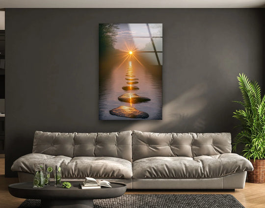 Landscape glass wall art golden pathway with sunset reflecting plus tranquil journey to serenity and sunset reflection