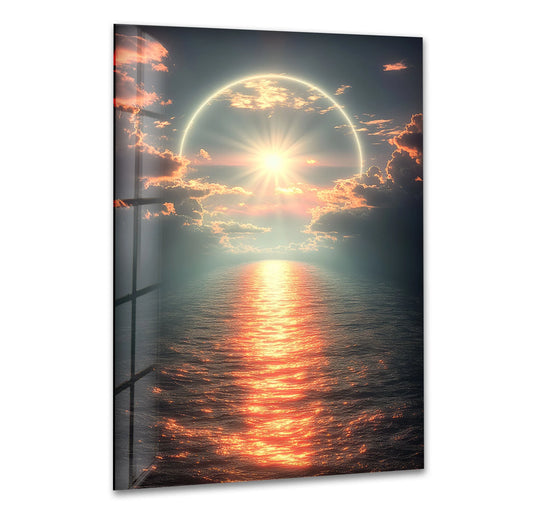 Landscape glass wall art cosmic sunset over the ocean and ethereal solar reflection with shimmering waters bringing a serene ambiance