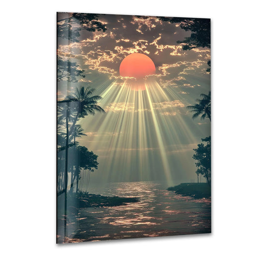 Landscape glass wall art red sunset over the ocean with light rays and sunrise view scene and sunset wall art