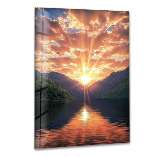 Landscape glass wall art golden sunset reflecting over tranquil lake and breathtaking nature escape with vibrant colors