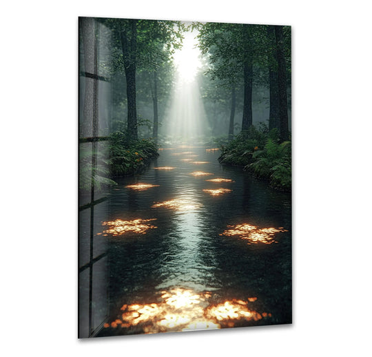 Landscape glass wall art with a mystical forest river scene and gold light brings magical nature and escape with premium tempered glass durability