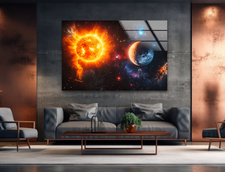 Space prints illustrating the vastness of the universe with colorful cosmic clouds and distant worlds

