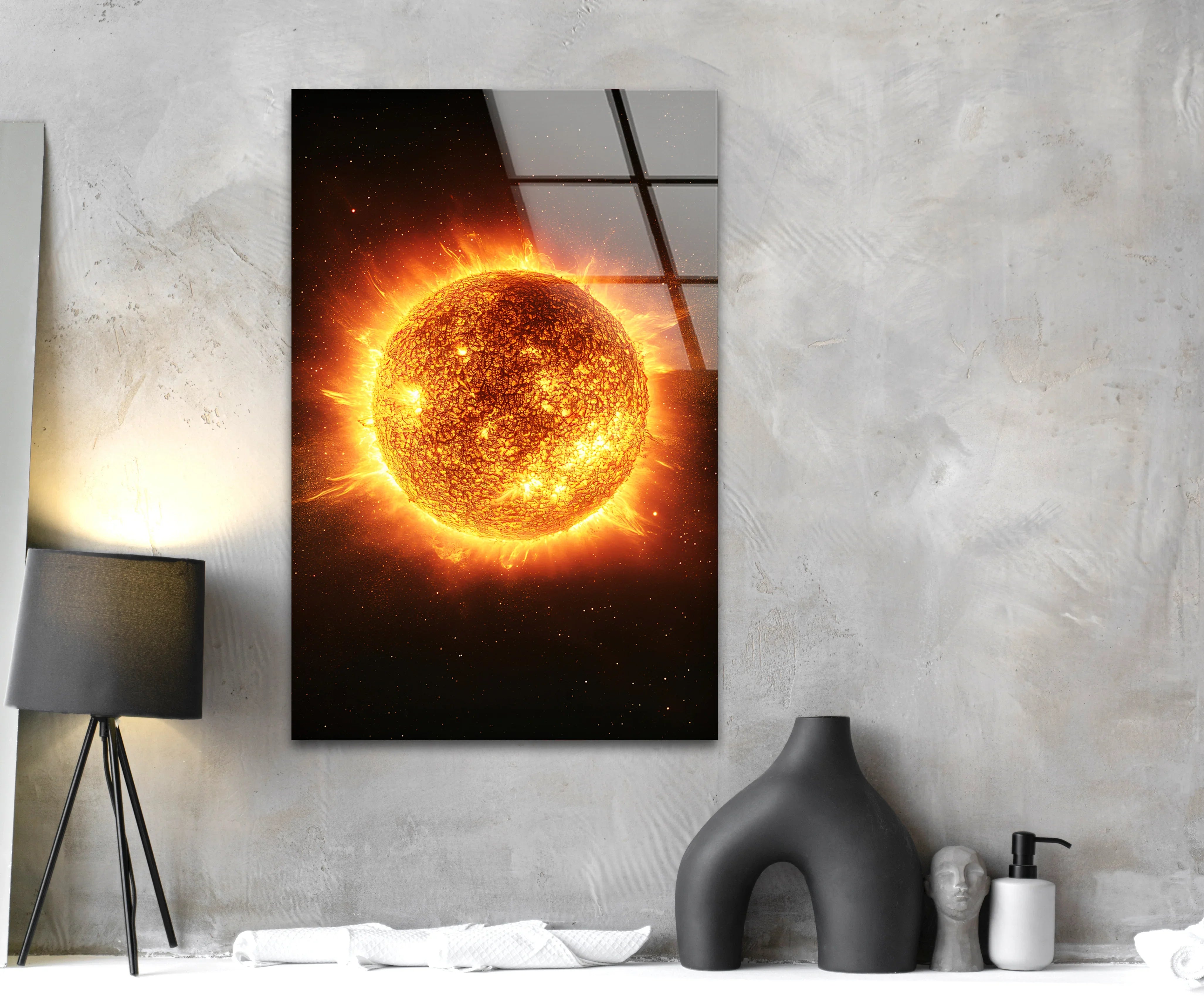 Modern Sun in Galaxy Glass Wall Art – Cosmic Fire Energy Decor