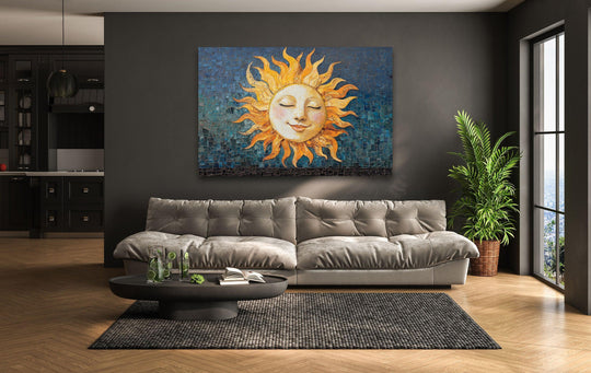 Space Wall Art featuring a sun motif and smiling face is a glass wall art print showcasing a unique sun art design and space wall décor