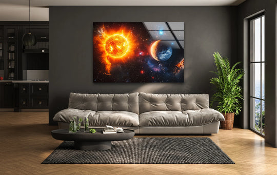 Space Wall Art showing sun and moon celestial bodies glossy glass finish and modern artwork