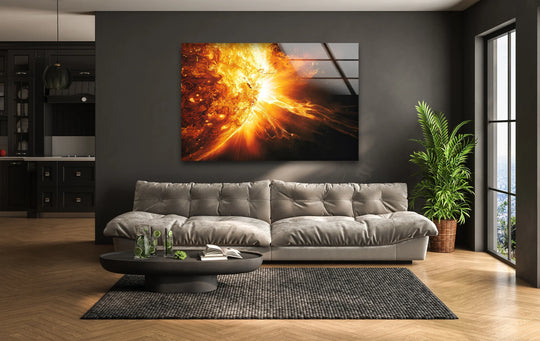 Glass wall art showing glorious sun explosion and space wall art is a high resolution sun print and wall decor