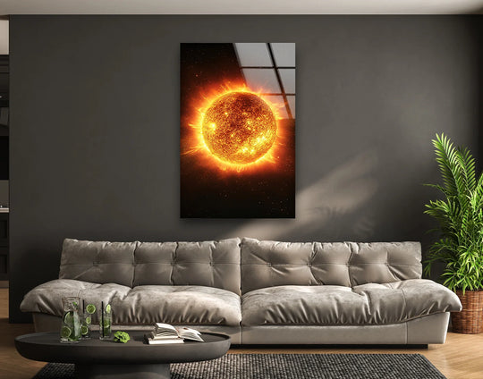 Space Wall Art, Modern Solar System ArtSun in Galaxy glass wall art round orange and black and modern space wall art with cosmic fire energy decor for room art
