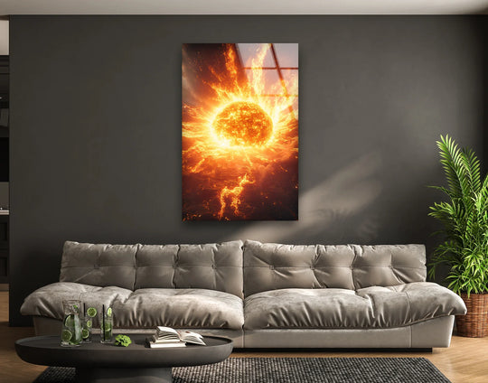 Space wall art glass wall art a big sun design and sun motif with bright orange and yellow colors is a space artworks design