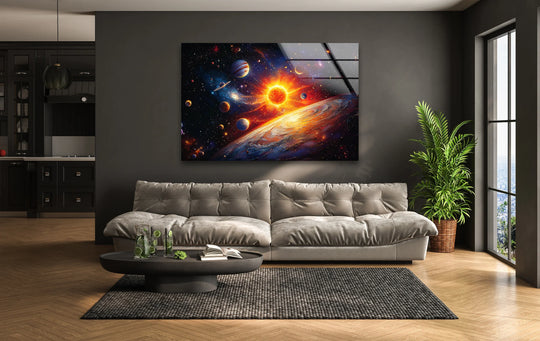 Space Wall Art featuring sun and planets celestial artwork on glass wall art and a cosmic decor for astronomy enthusiasts