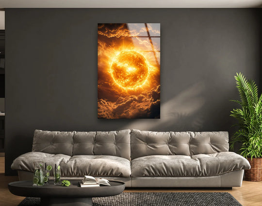 Space Wall Art glossy vertical glass wall art with the sun and clouds and eternal glow decor for cosmic power brilliance