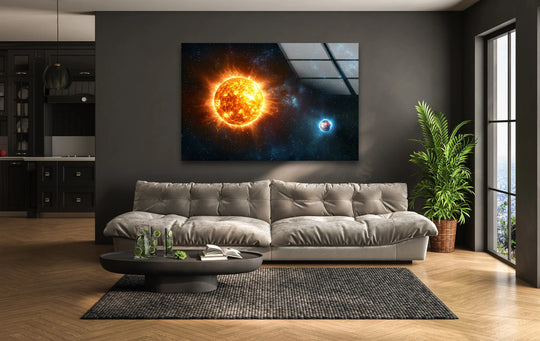 Space Wall ArtGlossy space wall art shows a bright sun and Earth motif for space wall art and stunning cosmic glass wall art