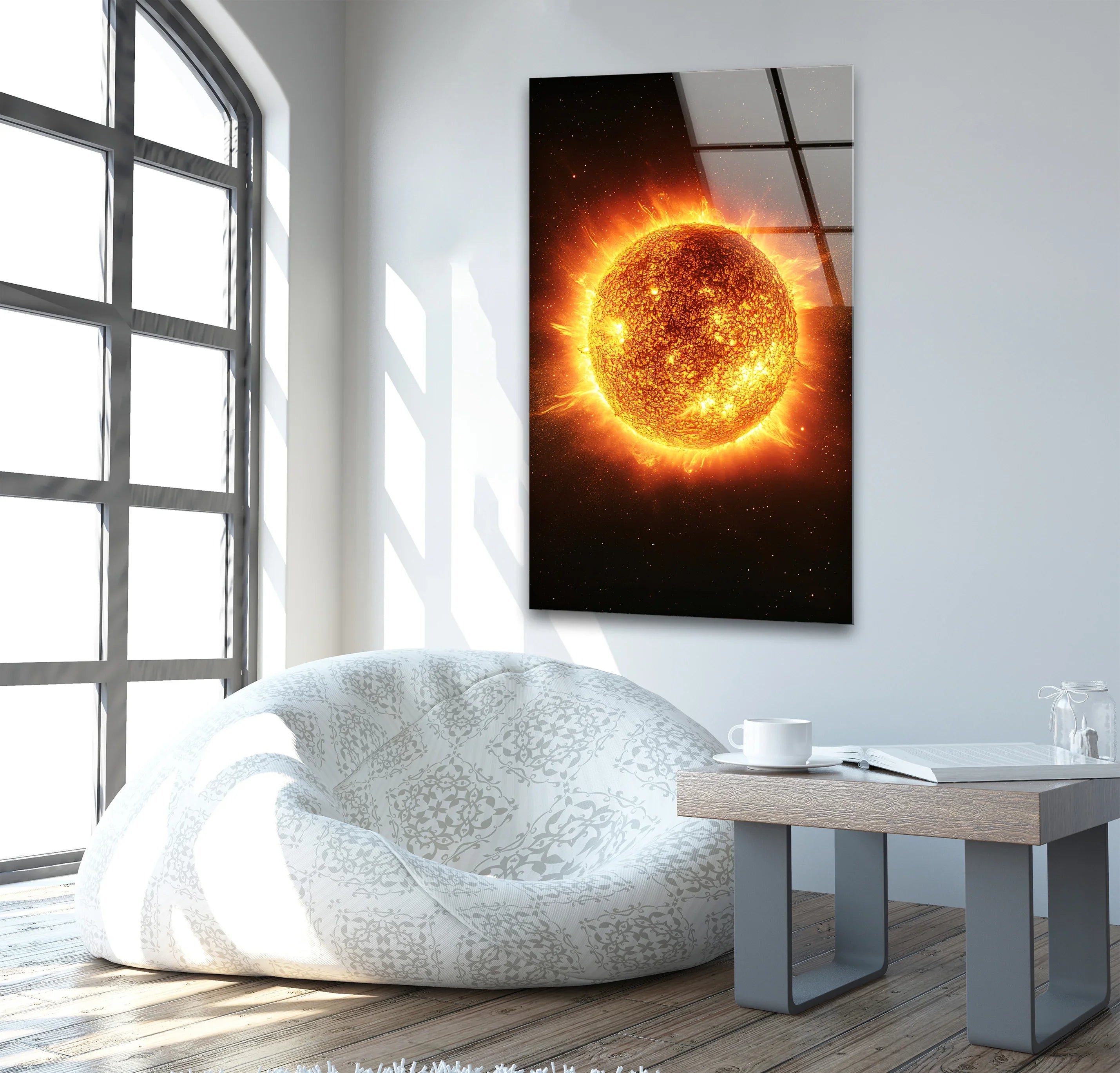 Modern Sun in Galaxy Glass Wall Art – Cosmic Fire Energy Decor