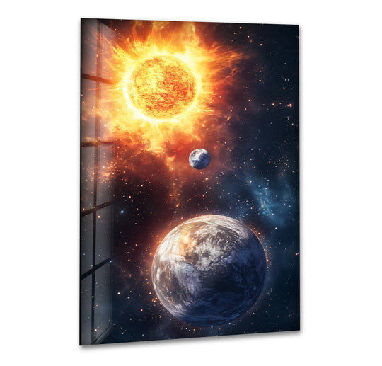 Space Wall Art glossy vertical glass wall art depicting sun and moon and cosmic decor for astronomy space and universe lovers