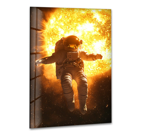 Sun Astronaut Glass Wall Art glossy showing astronaut and space exploration and sun details plus space artwork