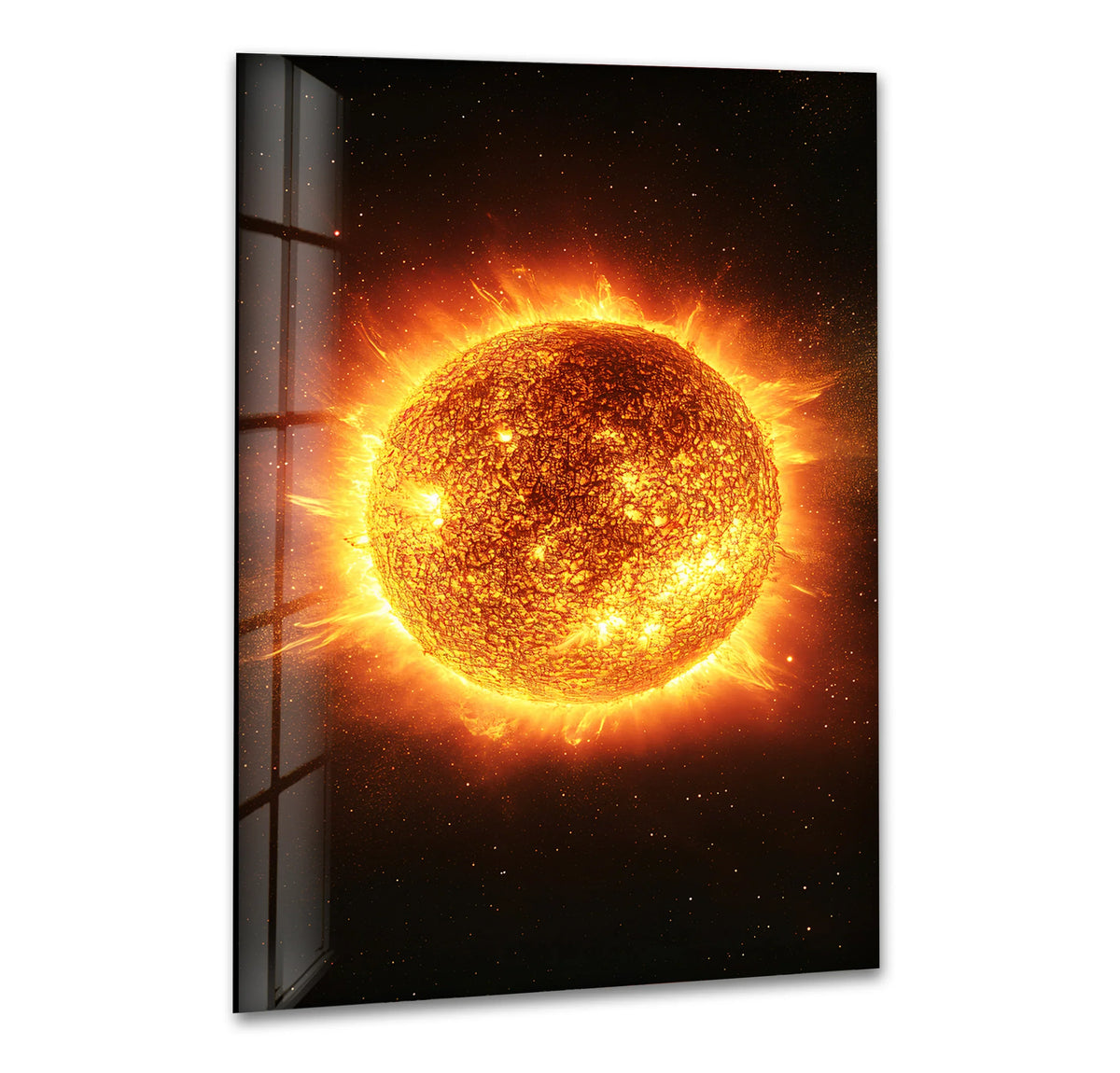 Shadows dance around the radiant sun in galaxy glass wall art, highlighting the fiery home decor of the cosmic art print.