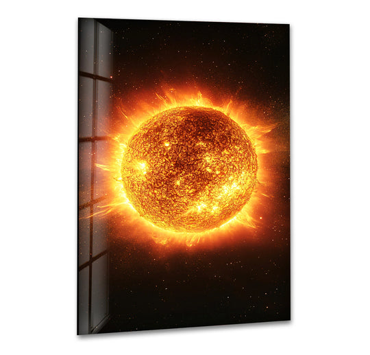 Space Wall Art: Illuminate Your Home with Cosmic Canvas and Glass PrintsGlossy sun in galaxy glass wall art bright starburst and energy decor with cosmic fire energy for space wall art enthusiasts