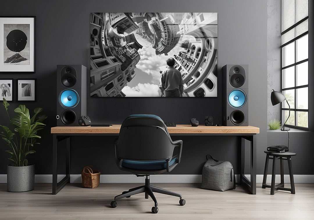 Escher-style impossible city illusion viewed from a man's perspective.