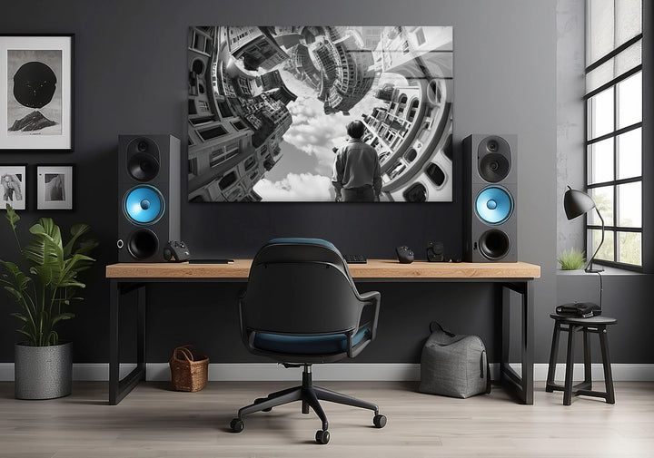 Escher-style impossible city illusion viewed from a man's perspective.