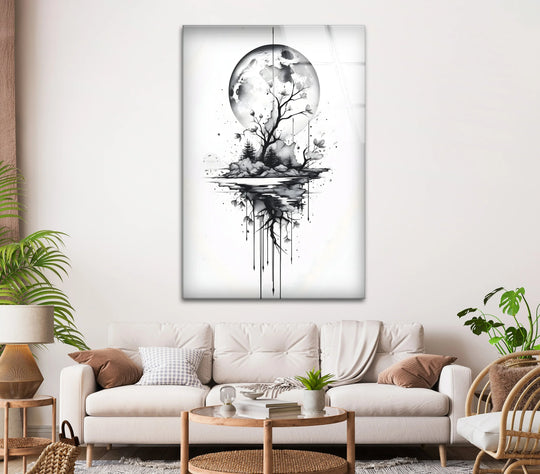 Ethereal black and white abstract glass print wall art captures a mystical moon's reflection with watercolor-like texture.